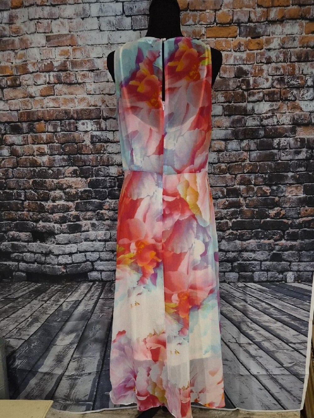 Calvin Klein Watercolor Floral High-Low Wrap Dress - Pink Blue Coral - Picture 8 of 10